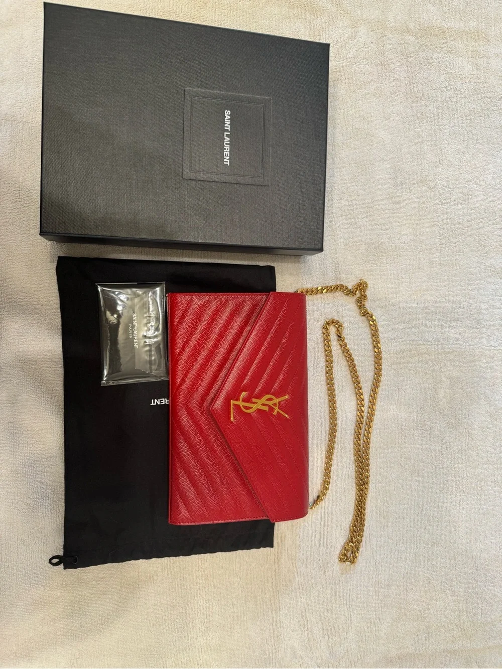 Saint Laurent Red Quilted Leather Envelope Wallet with Gold YSL